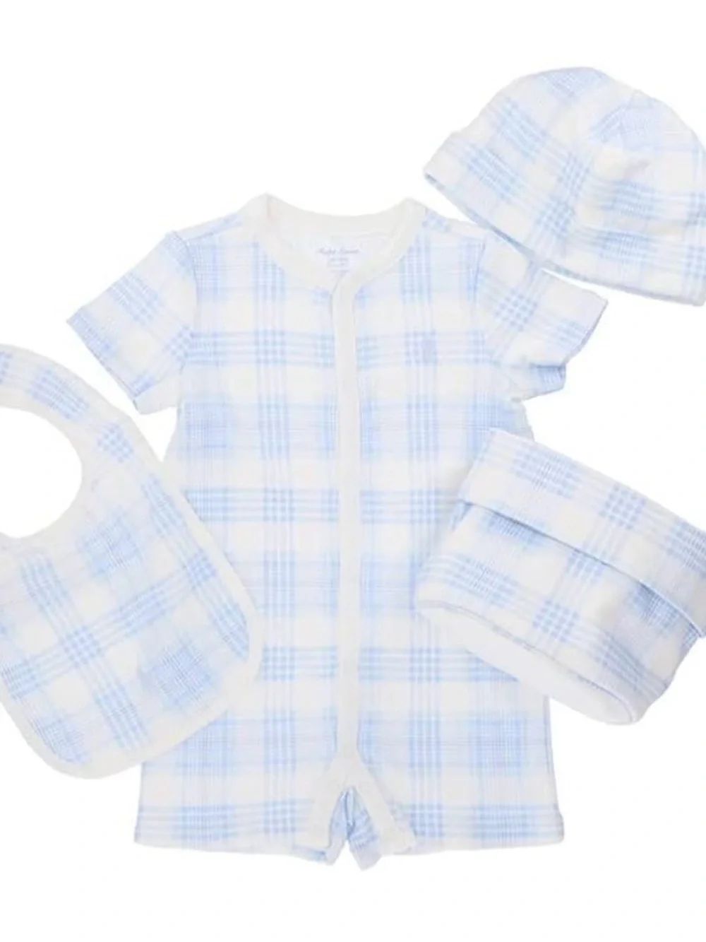 Ralph Lauren Blue & White Plaid Baby Bib and Romper Set